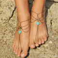 Boho Ethnic Style Retro Bronze Multi-layer Water Drop Turquoise Tassel Anklet for Women